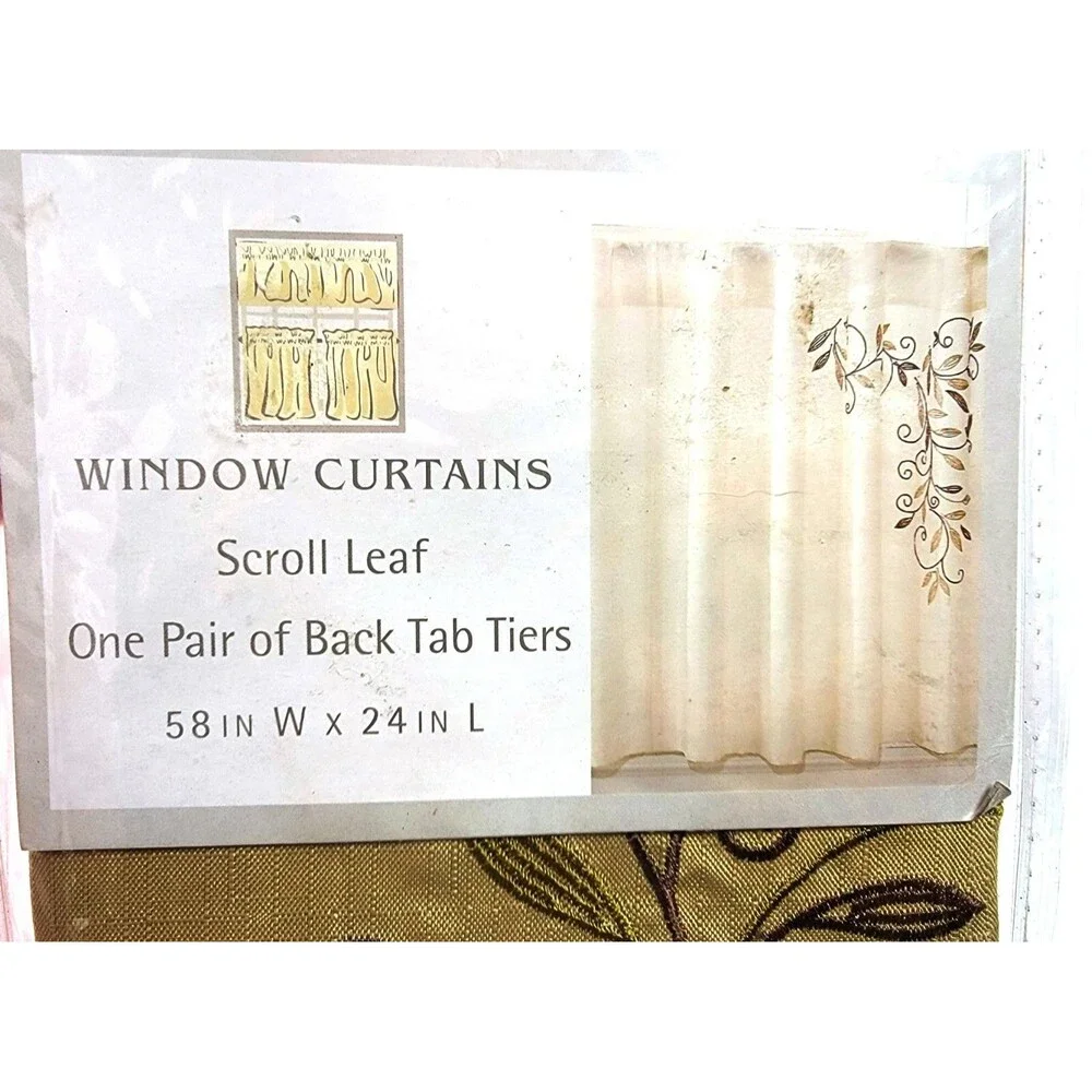 New Window Curtain Green Scroll Leaf One Pair Back Tab Tiers Polyester 58